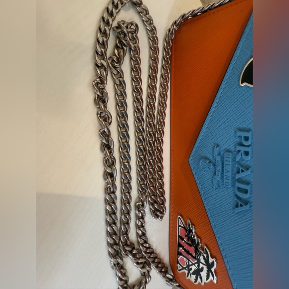 PRADA Saffiano Leather Wallet on Chain with Charms Blue/Orange - Picture 11 of 13